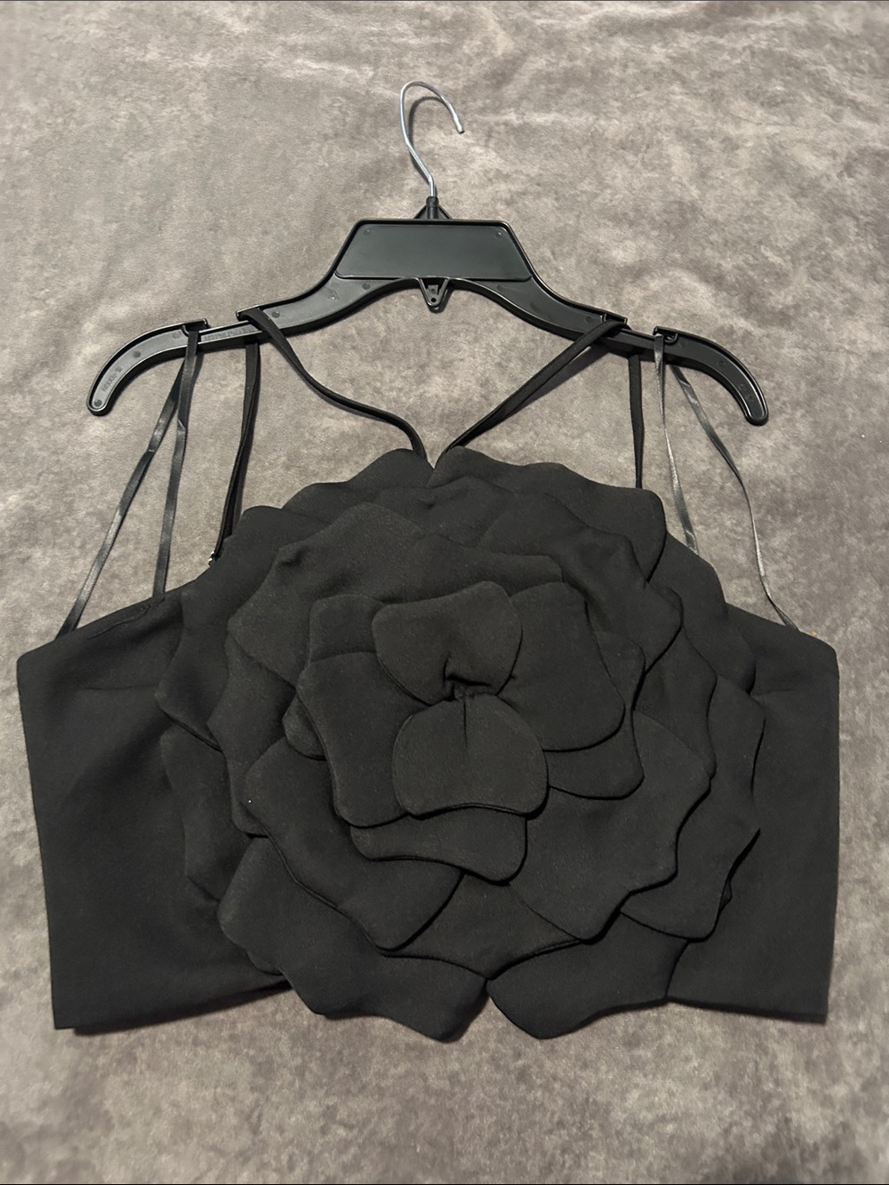 Black Floral Appliqué Crop Top with Adjustable Straps - Women